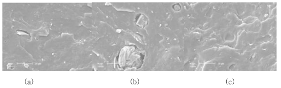 SEM of fractured surface of Revulcanizated reclaimed rubber: (a) 170℃, 1g; (b) 180℃, 1g; (c) 190℃, 1g