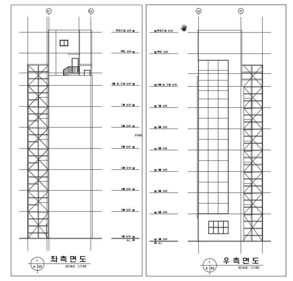 연기거동 훈련실험동 좌측면도 및 우측면도