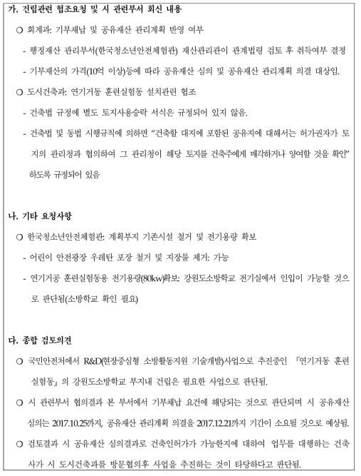 한국청소년안전체험관 협조요청에 대한 회신 내용