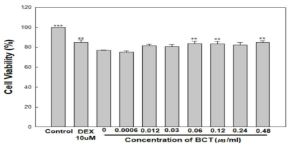 미세먼지 자극에 따른 죽여 추출물 수용액의 세포 생존율 (%)