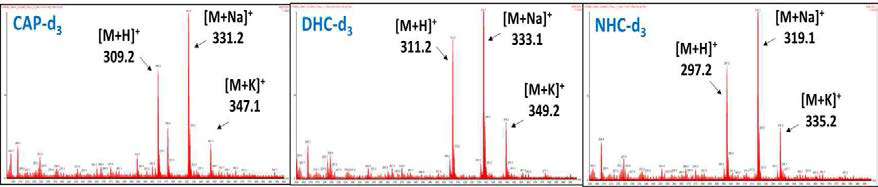 Capsaicin-d3, dihydrocapsaicin-d3, nordihydrocapsaicin-d3의 LC/MS 스펙트럼