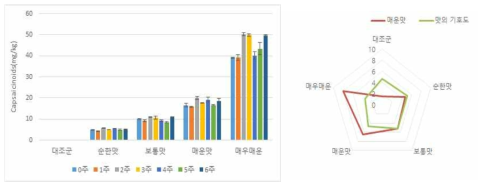 매운맛 조절 김치의 Capsaicinoids 함량과 관능검사 결과