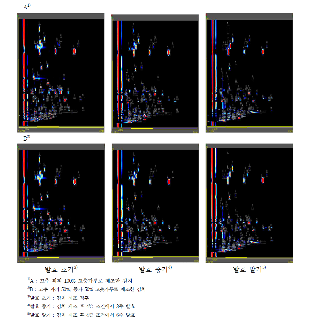 괴산지역 규격별 고춧가루를 사용하여 제조한 김치의 발효시기별 향기성분 크로마토그램
