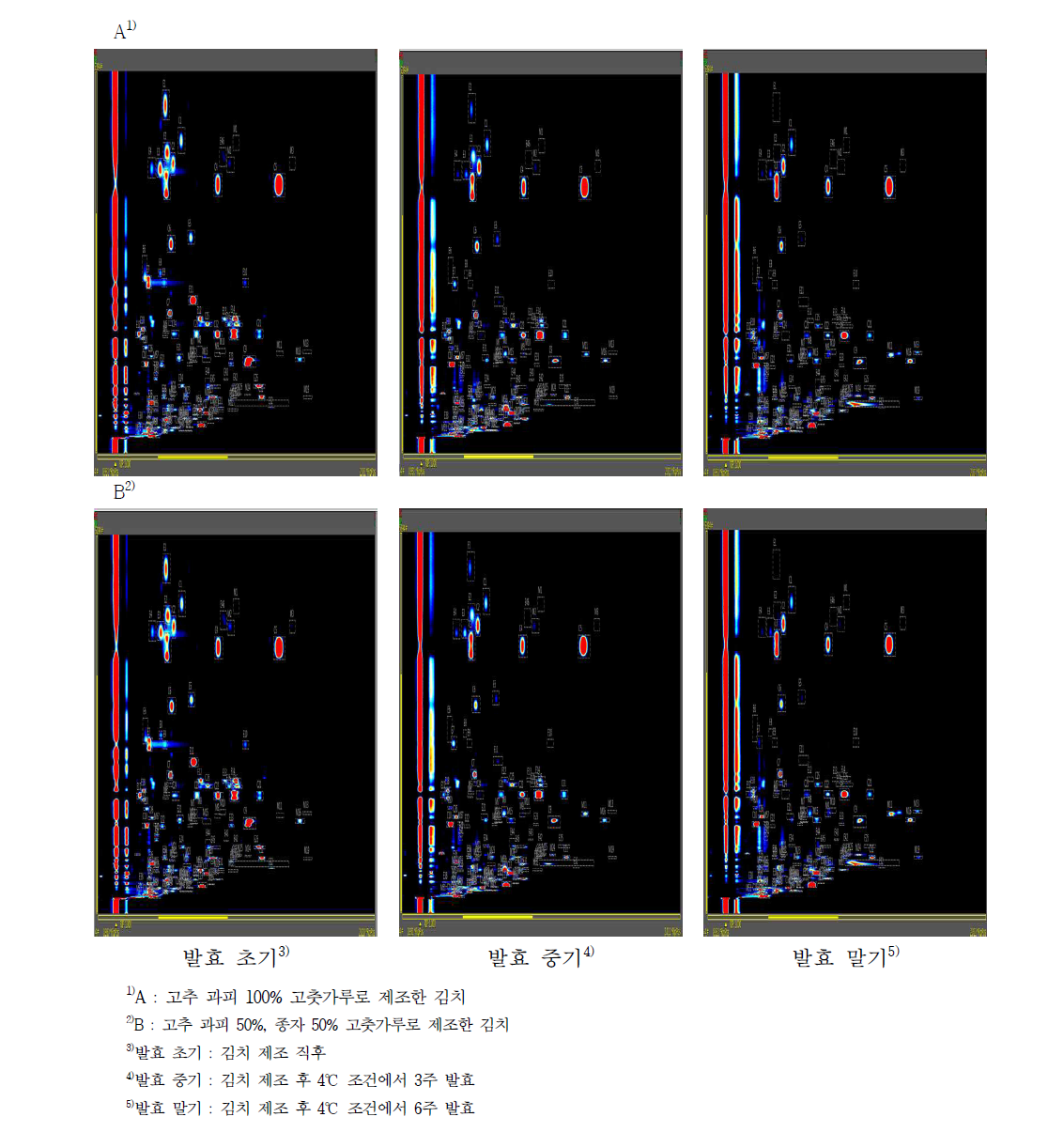 영양지역 규격별 고춧가루를 사용하여 제조한 김치의 발효시기별 향기성분 크로마토그램