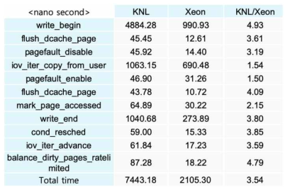 KNL과 Xeon에서 generic_perform_write() 내의 함수 접근 당 평균 수행시간 비교