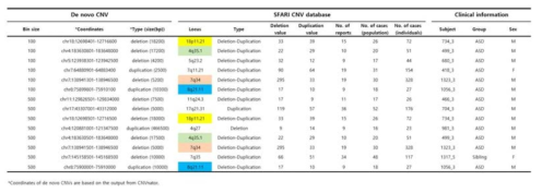 Information of the identified de novo CNVs