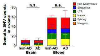 Comparison of the ratio of somatic SNVs’ type in brain and blood samples from Alzheimer patients and normal person