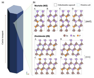 (a) Nanowire supercells described with periodic boundary conditions (b) Atomic structure in a Wurtzite & Zincblende phase. For each crystal phase, 4 supercells in are simulated to investigate the effects dopant randomness on nanowire electronic structures