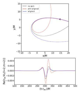 Orbits for different spin configurations. Parallel to the orbital plane (Red), Anti-aligned (Blue). Gravitational waveforms emitted from black hole encounters (Bottom)