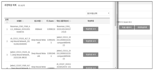 추천특징 리스트 화면