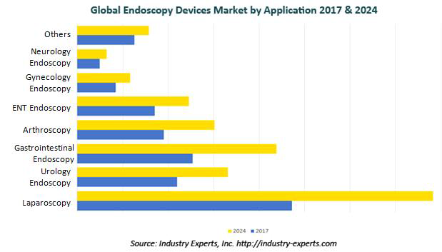 Global Endoscopy Devices Market by Application 2017 & 2024 (출처: Industry Experts)