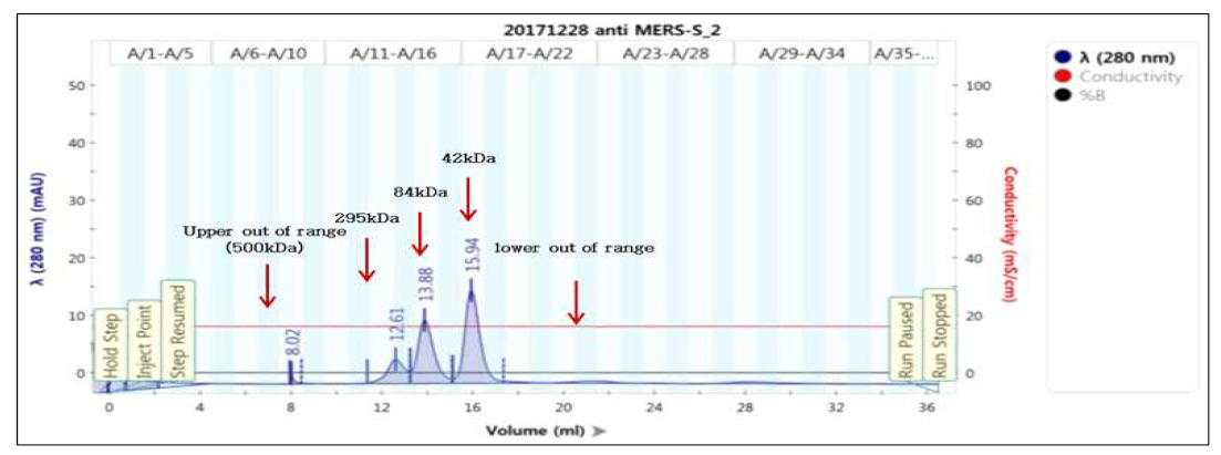 항체에 대한 gel filtration 분석 결과