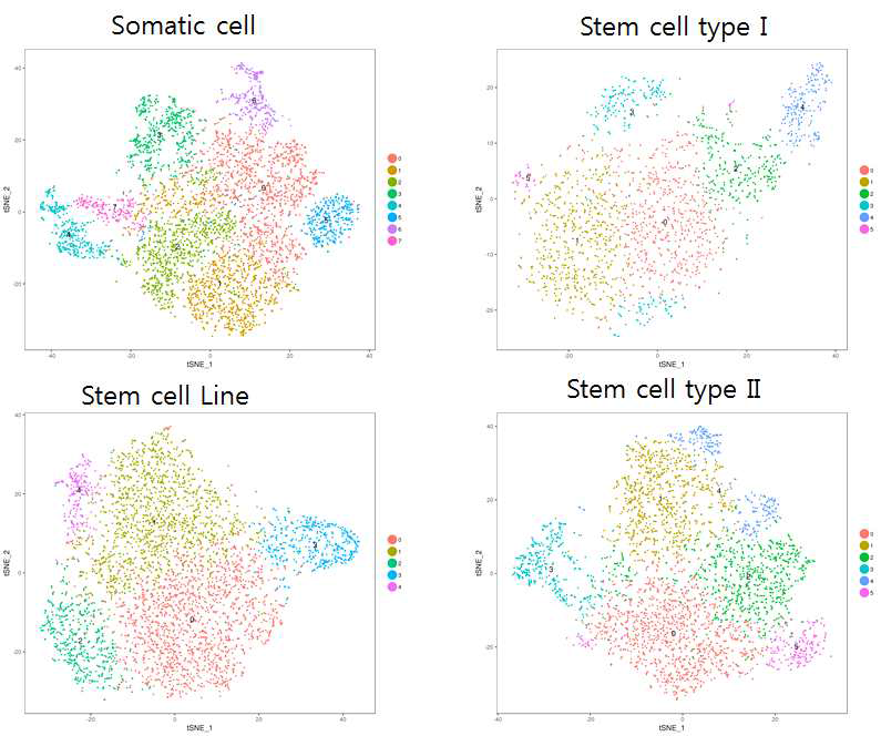 체세포와 3가지 전분화능 줄기세포에 대한 단일세포 전사체 분석 결과. Run Non-linear dimensional reduction(tSNE)