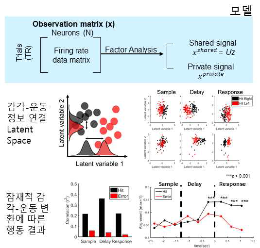 감각-운동 변환 모델. 상단: FA를 통한 신경신호 처리, 중간: 저차원 공간에서의 뉴런들의 활동. 혀 움직임 방향에 따라 저차원 변수가 구분 됨. 하단: 선택적 반응과 저차원 공간과의 관계. 저차원 공간와 Co-ordination 정도와 선택적 반응의 크기가 높은 상관관계를 보임을 확인함