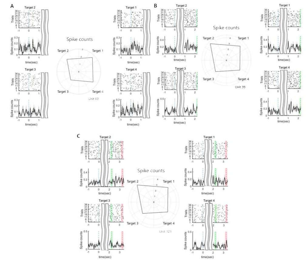 뻗어서 잡기 각 구간별 타겟 위치를 예측할 수 있는 유닛의 발화 패턴 및 신경신호 발화율의 예. A. Early segment, B. Late segment, C. Grasping 과 관련된 유닛 중 타겟 위치가 예측 가능한 유닛의 각 타겟에 대한 뇌 신경신호 발화율 비교