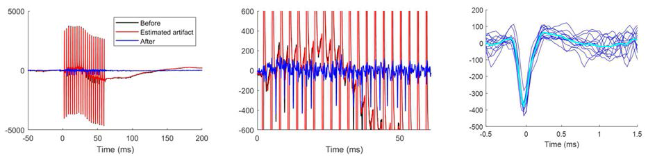 (좌, 중) 실제 잡음과 추정된 잡음, 그리고 제거된 잡음. (우) 잡음이 제거된 신경발화 신호
