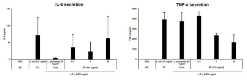 E. faecalis EV 전처리 효능평가: IL-6 (좌), TNF-α (우)