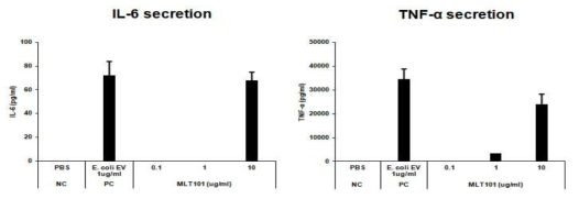 M. luteus EV에 의해 유도된 사이토카인 분비량 측정 결과: IL-6 (좌), TNF-α (우)