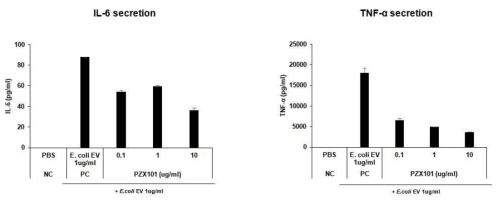 P. zeaxanthinifaciens EV 전처리 효능평가: IL-6 (좌), TNF-α (우)