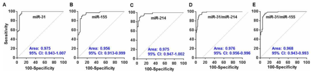 ROC 커브 분석을 통해 진단분자로서 miR-31, miR-155와 miR-214의 활용가능성 검증