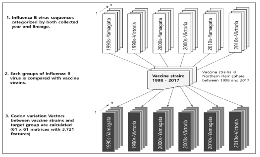 기계학습 적용을 위한 인플루엔자 바이러스 백신주-유행주 간 변이벡터 생성모식도