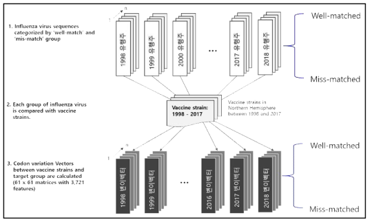 인플루엔자 바이러스의 백신주 불일치 위험도 예측을 위한 데이터 전처리 모식도