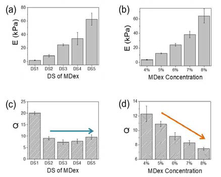 (a) MDex의 DS 혹은 (b) MDex의 농도를 조절하여 하이드로젤의 강도를 비슷한 범위에서 조절함. (c) 팽윤비의 경우 DS2 에서 DS5까지는 거의 비슷한 값을 보이나, (d) MDex 농도 조절할 경우는 팽윤비가 농도에 따라 일정하게 감소함