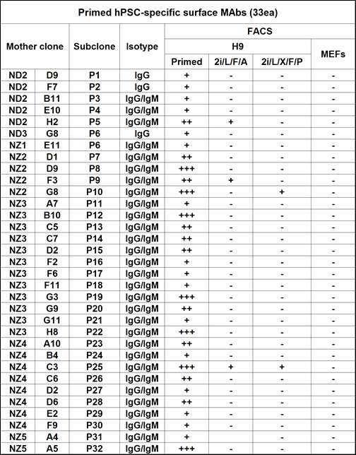 FACS profile of primed hPSC-specific surface mAbs