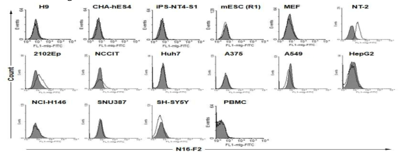 Flow cytometry analysis of various cancer and primary cells with N16-F2. Primed H9, 생쥐 배아줄기세포(R1) MEF, 인간 배아암(NT-2, 2102EP, NCCIT) 세포, 다양한 암세포 및 정상 혈액세포 (PBMC)에 대한 단일클론 항체 N16-F2의 결합력. 실선은 N16-F2의 결합력, 회색바탕은 2차 항체만 반응시킨 것임