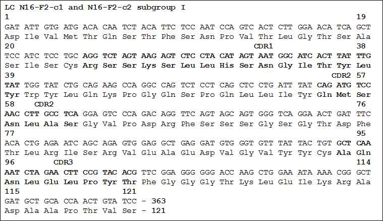 Amino acid sequence of N16-F2 light chain. N16-F2 의 c1 과 c2 항체의 경쇄는 서브그룹 I 에 속하고, 항원을 인식하는 CDR 잔기는 CDR1 은 24~39, CDR2 는 55~62, CDR3 는 94~102 에 해당함