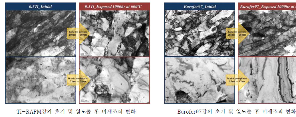 Eurofer97 대비 Ti-RAFM강의 초기 및 열 노출(600℃/1000hr) 후 미세조직 변화 비교