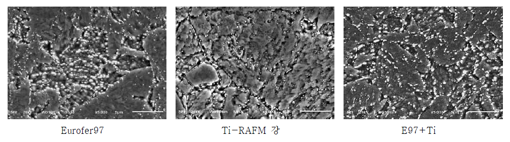 Eurofer97, Ti-RAFM강 및 E97+Ti의 초기 미세조직 비교