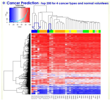 대장암종 환자혈장 4개 (청색), 간세포암종 환자 혈장 9개 (주황색), 폐암 환자 혈장 8개 (녹색), 만성간염환자 혈장 9개 (노란색), 정상인 혈장 5개 (회색)의 cfDNA에 대해서 1000개마커 패널의 Methyl-Seq을 시행하였고 그 Beta value값에 의거하여 clustering을 하였음. 파란색 화살표로 표시한 것이 정상인과는 구별이 됨