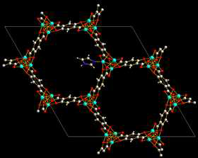 Relaxed atomic position of the MOF-74 channel with incorporating imidazole (IM) molecules. Color scheme: Ni, turquoise; O, red; N, blue; C, grey; and H, white