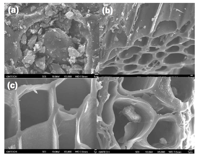 SEM images of porous carbon samples (a) AC, (b) PS, (c) ML, and (d) GL