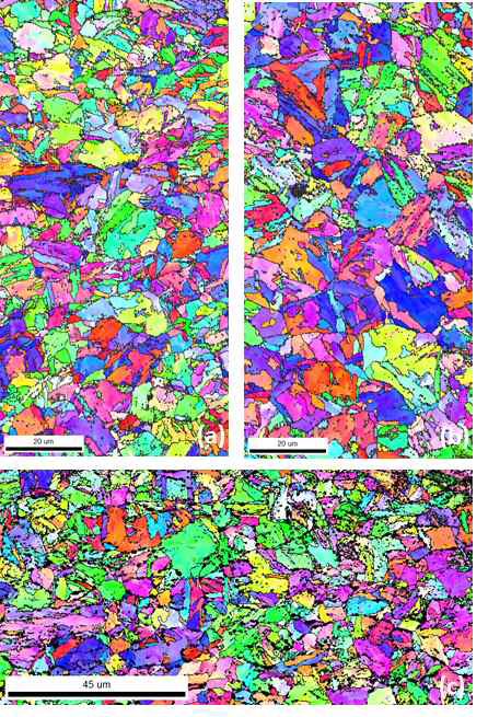 (a)650 ℃ (b)760 ℃ (c)700 ℃에서 열처리한 RAFM steel 시편의 EBSD inverse pole figure map