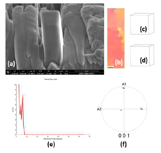 (a) FIB를 이용해 제작한 1.5 μm × 1.5 μm × 4.5 μm 크기의 RAFM steel 샘플 (b) 샘플 옆면에서 얻은 EBSD inverse pole figure map (c) 샘플 위쪽의 격자방위 (d) 샘플 아래쪽의 격자방위 (e) 샘플에서 나타나는 방위 차이 (f) 샘플의 pole figure map