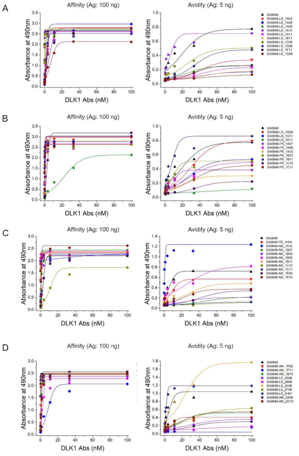 DLK1-SA0648 인간항체 변이체들의 항원에 대한 친화도 비교 I: 40종