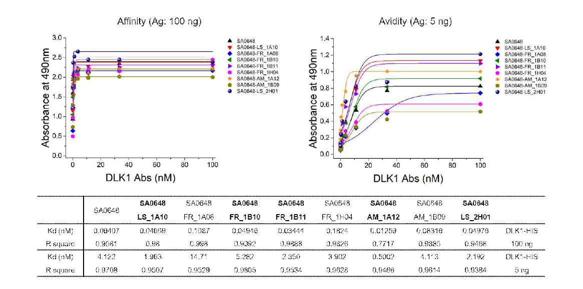DLK1-SA0648 인간항체 변이체들의 항원에 대한 친화도 비교 II: 8종