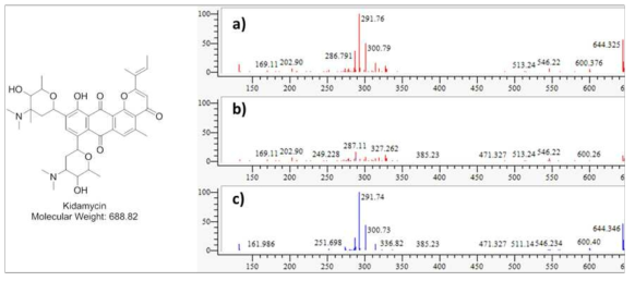AN081154 균주 배양액 추출물에서 확인한 kidamycin 구조 및 분자량. a) mass 8.9 min peak 의 MS/MS fragment pattern, b) 합쳐진 peaks pattern, c) 표준품 kidamycin 의 MS/MS fragment pattern peaks