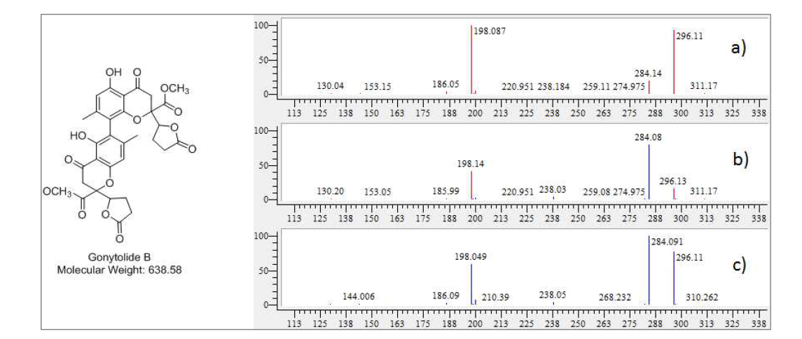 NMC6-F16 균주 m/z 639.38 [M+H]+ peak 의 MS/MS fragment pattern (a), b) 합쳐진 peaks pattern, c) 표준품 gonytolide B의 MS/MS fragment pattern peaks