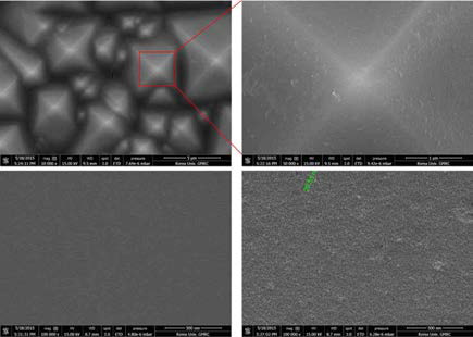 태양전지 셀 표면 및 전면 유리 표면에 반사 방지 코팅 후 SEM 표면 분석