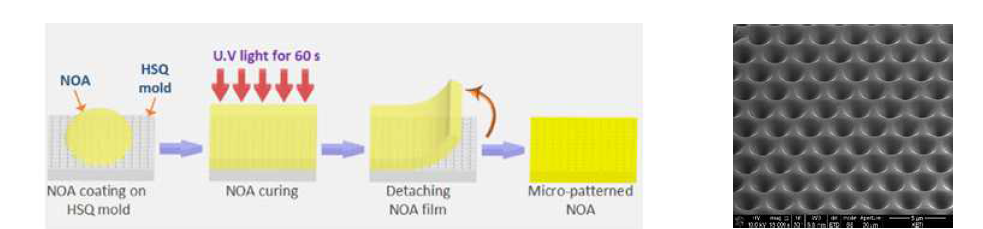 (좌) 나노 임프린트 방법을 통한 NOA 패터닝 공정 순서도 및 (우) Micro-patterned NOA SEM 이미지