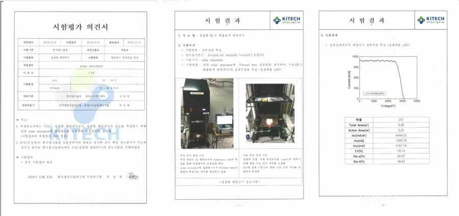 5.3 mm × 5.3 mm 셀크기의 IMM 4중접합 태양전지에 대해 257배 집광한 태양전지의 측정결과에 대한 시험평가 의견서