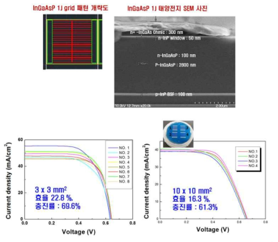 InGaAsP 단일접합 태양전지의 단면에 대한 SEM 사진 및 측정결과