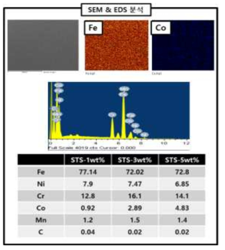 아크 용해로를 통해 제조된 모의 방사화 STS-Co 합금 시편의 EDS 분석 결과
