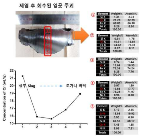 용융 제염 후 금속 잉곳 단면의 EDS 분석 결과