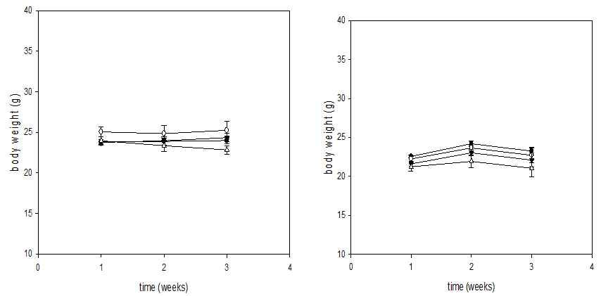 1차(왼쪽 패널), 2차(오른쪽 패널) 실험 후 몸무게 변화 (measured once a week)