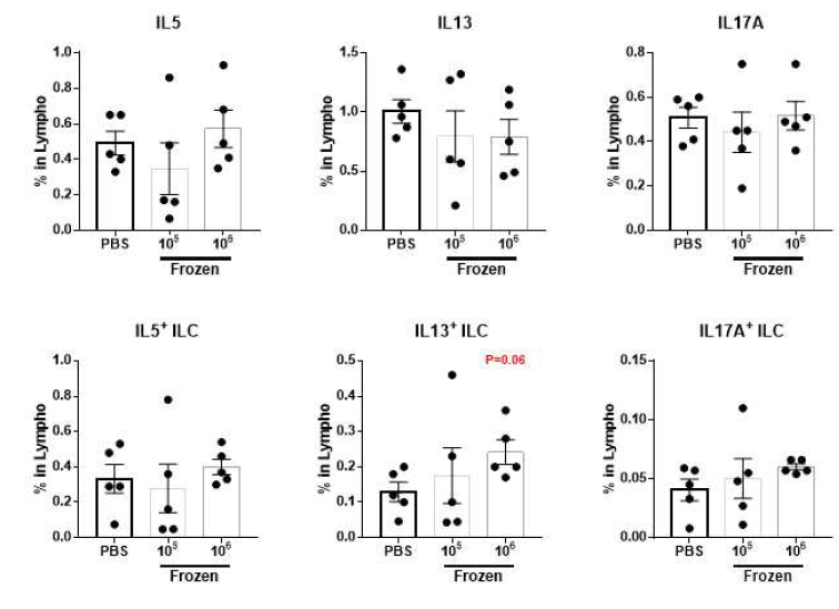 MSC 단독 효과 – Frozen MSC 처리군에서 type 2 and 17 cytokine 변화