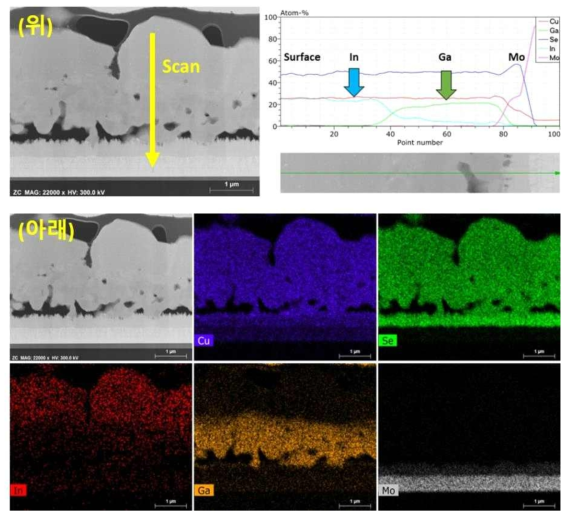 저온 2-step 공정으로 제작된 CIGS 흡수층 박막의 TEM 이미지 및 EDX Line Scanning 데이터 (위); TEM-EDX Mapping 사진(아래)